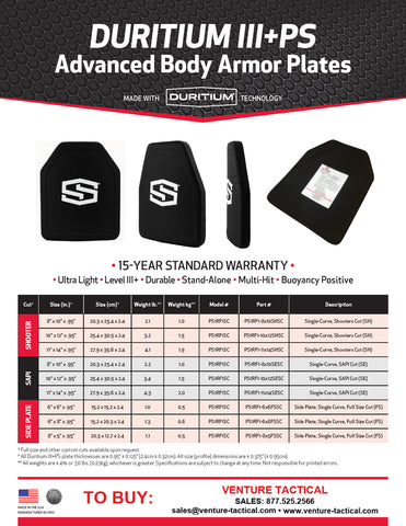 ShotStop Ballistic Armor: Duritium III+PS Level III+ SAPI CUT Single Curve 10" x 12" x .95"