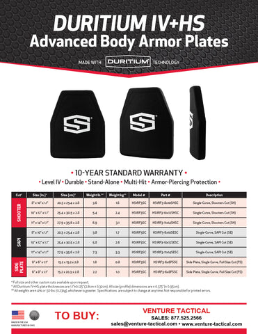 ShotStop Ballistic Armor: Duritium IV+HS SHOOTER CUT Single Curve 9.5" x 12.5" x 1.1"